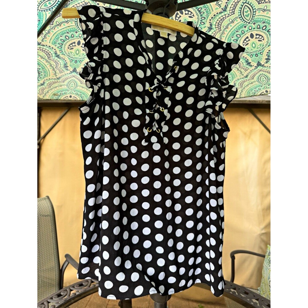 MICHAEL KORS BLOUSE BLACK WHITE POLKA DOT V-NECK TIE LACE-UP RUFFLE M